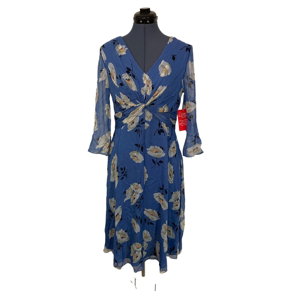 Vtg Suzi Chin Maggy Boutique Blue Floral 100% Silk Sheer Sleeve Midi Dress Y2K 8